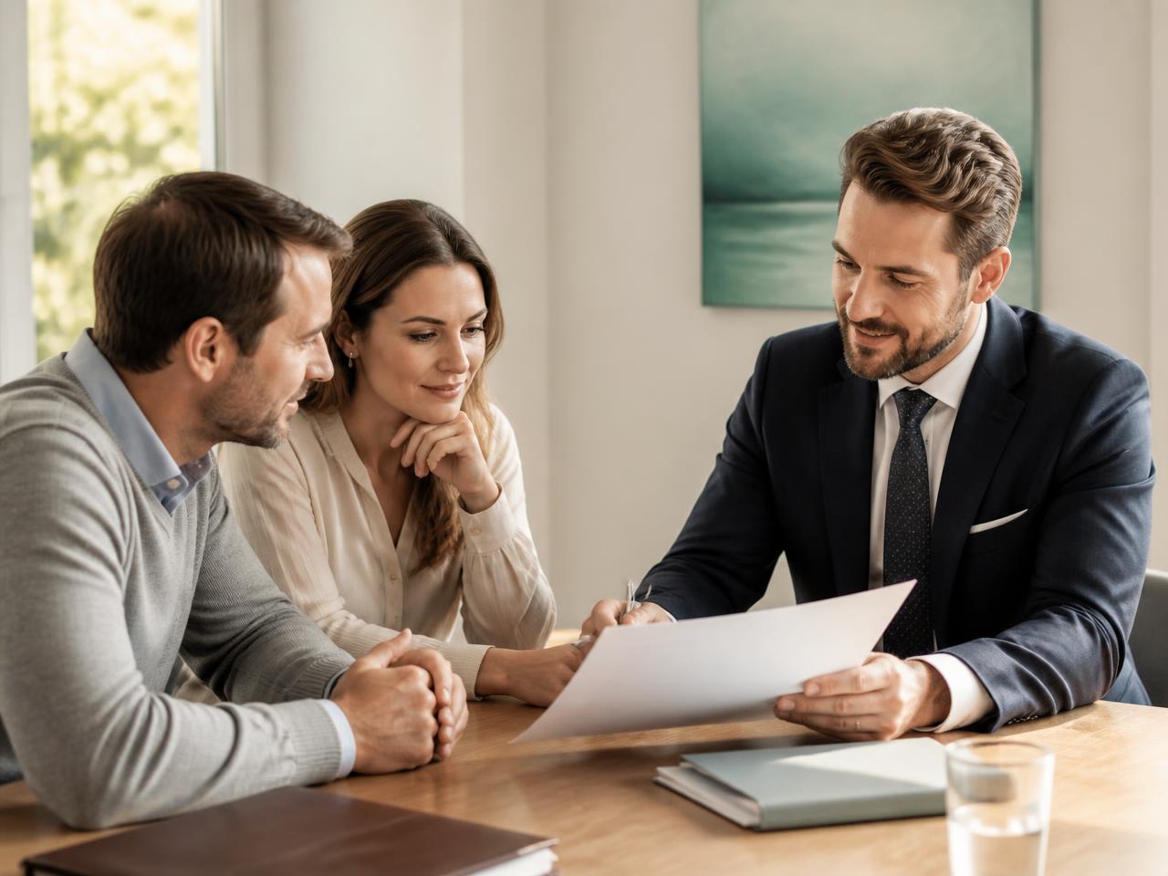 Conseiller crédit examinant un dossier de financement avec des clients