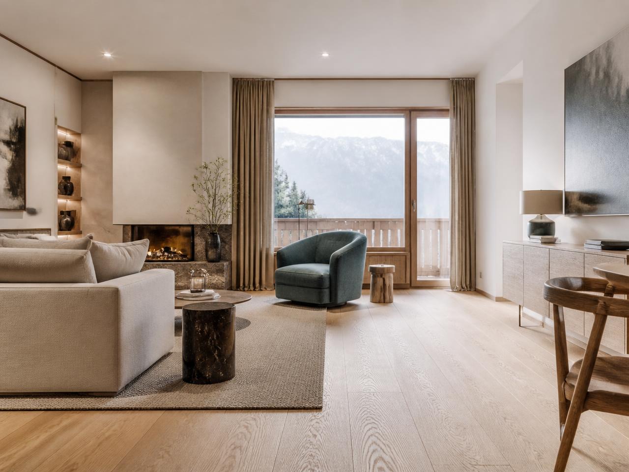Séjour suisse rénové avec parquet en chêne clair